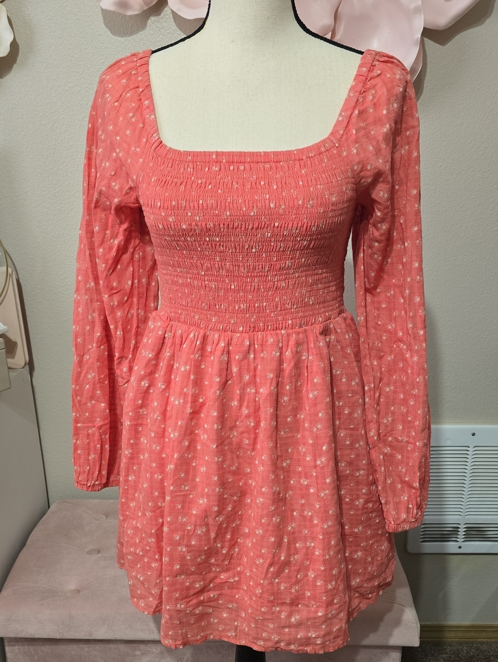 American Eagle Outfitters Coral Smocked Square-Neck Tunic